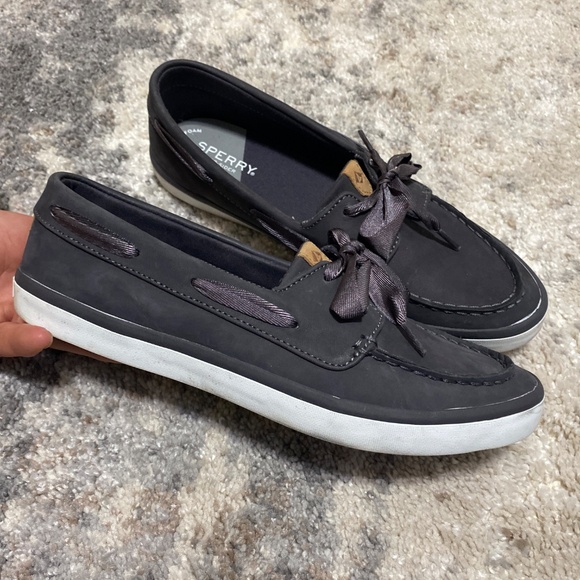 Sperry womens top sider charcoal leather boat shoes 9.5 ribbon style lace canvas - Picture 11 of 12